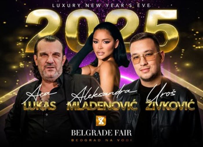 Beograd na vodi Belgrade Fair New Year 2025 poster featuring Aca Lukas, Uroš Živković, and Aleksandra Mladenović