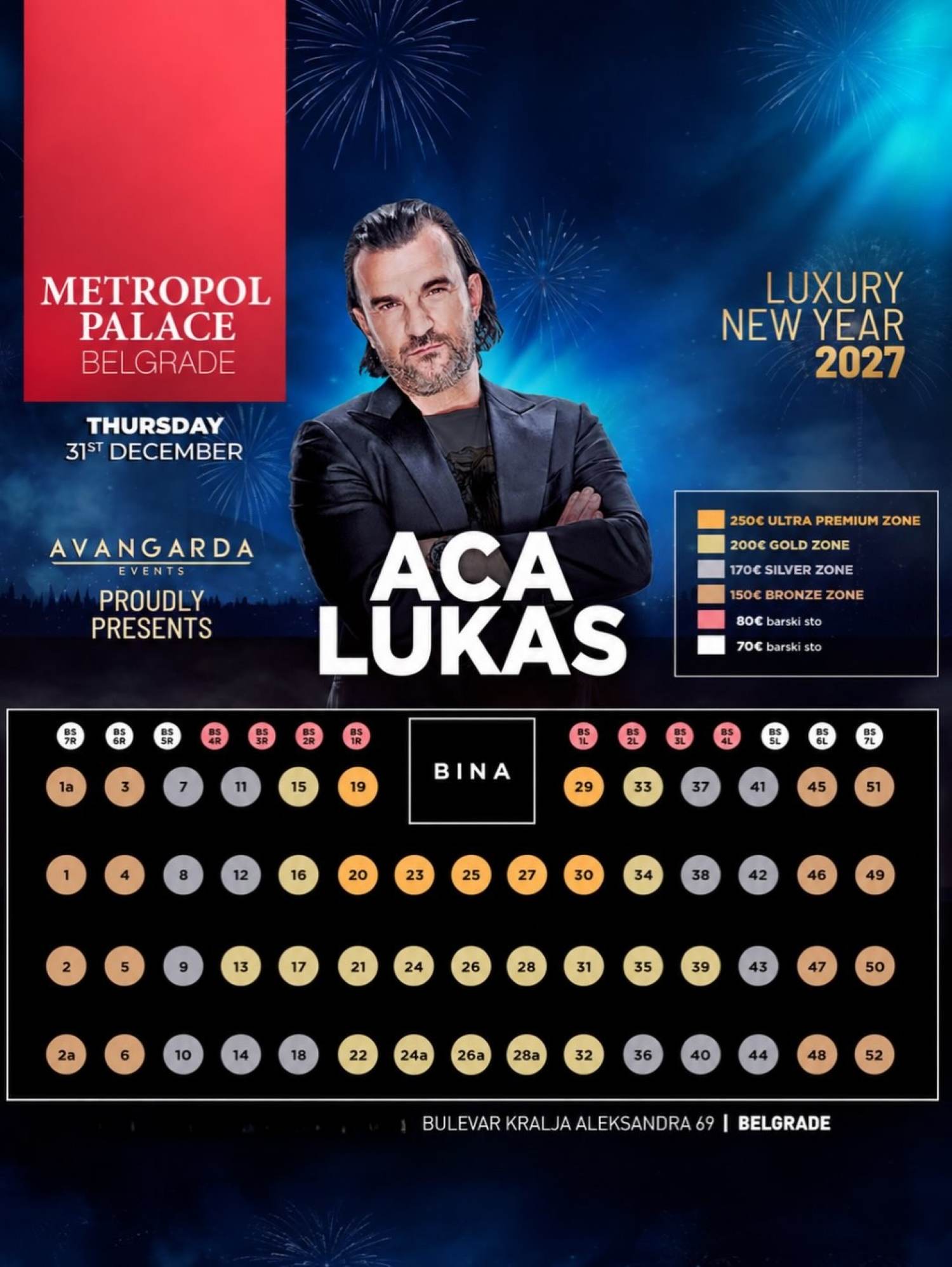 Mapa sale za doček Nove godine 2027 uz Acu Lukasa u hotelu Metropol Palace